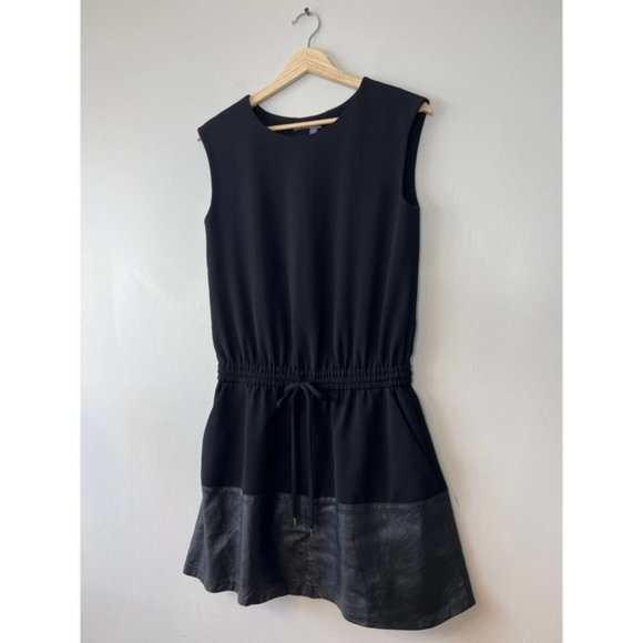 Vince Sleeveless Drawstring Waist Mini Dress Contrast Leather Black Size: XXS - Picture 3 of 9